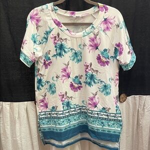 White Birch Teal and Purple Floral Short Sleeve Top